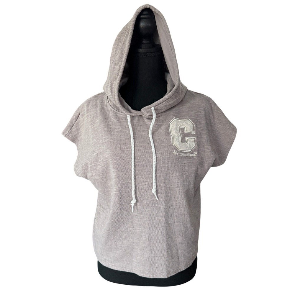 Canadiana Hooded Short Sleeve Sweatshirt Womens M Taupe Athleisure Casua Boxyl